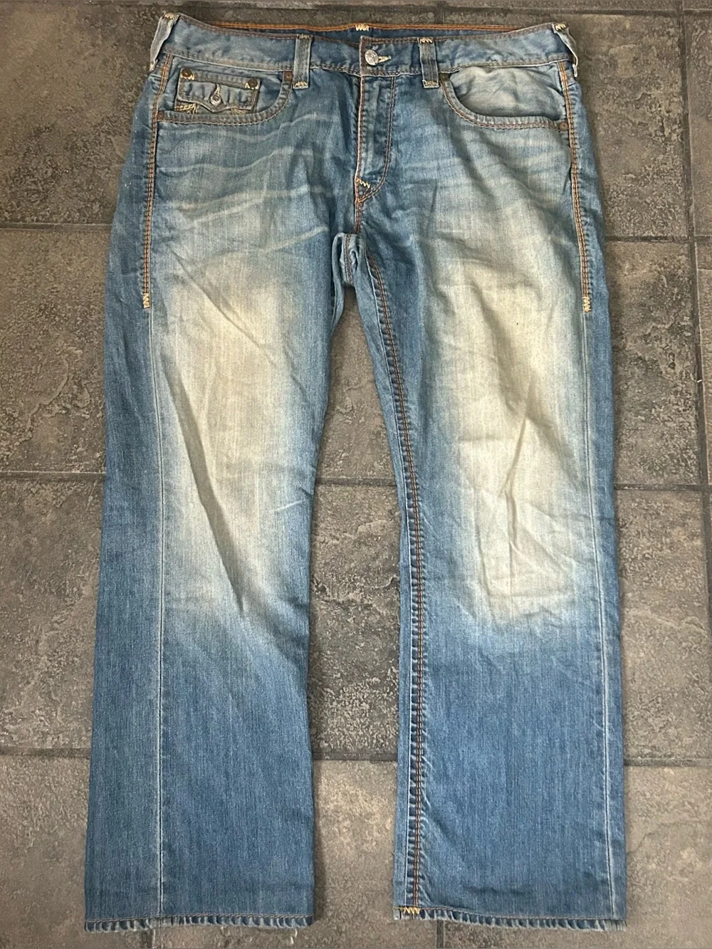 True Religion Jeans Adult Size 38 Blue Section Straight World Tour 5 Pocket Mens